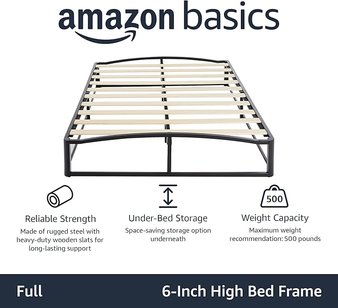 Amazon Basics Metal Platform Bed Frame, with Wood Slat Support, 6 inches High, Full, Black
