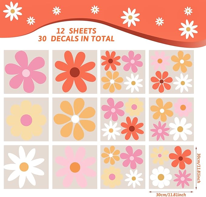 TaoBary 12 Sheets Daisy Wall Decal Flower Wall Sticker Cute Daisy Sticker Pink White Flower Decal Peel and Stick Floral Wallpaper for Nursery Bedroom Home Decor(Bright Color,Bright Style)