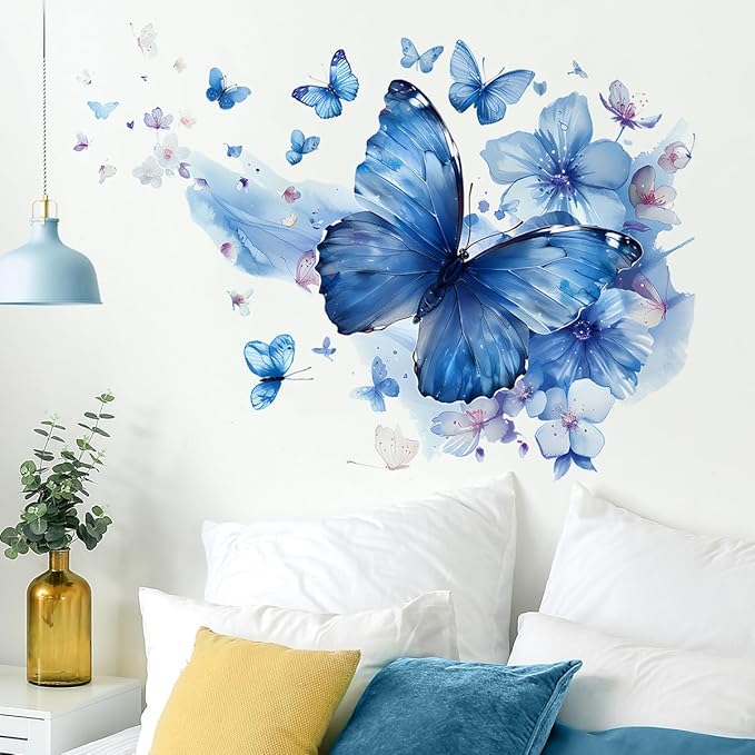 Blue Butterfly Wall Decals Removable Butterfly Flower Wall Stickers Peel and Stick Butterflies Wall Decor Stickers for Kids Girls Bedroom Nursery Bathroom Decorations MK3155