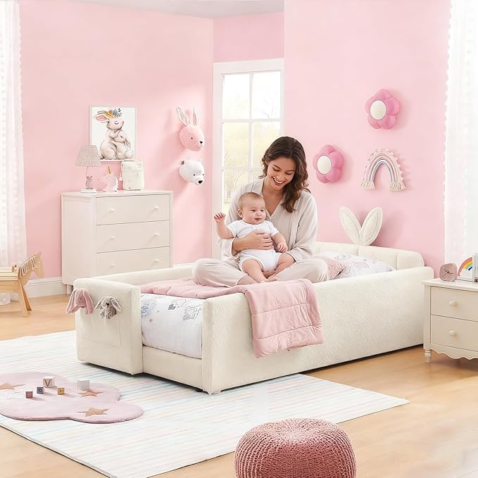 Twin Bed with Rails, Montessori Bed Frame for Toddlers, Boucle Upholstered Platform Bed with Rabbit Ear Headboard, for Kids & Teens, Beige
