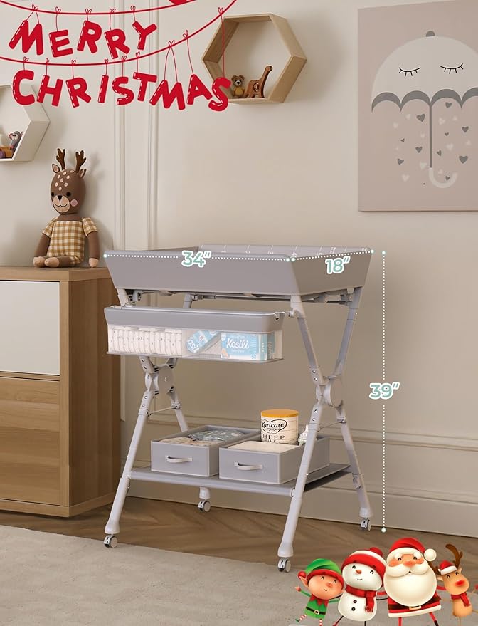 Baby Changing Table with Heating Function, Portable Folding Changing Table with Wheels, Waterproof Diaper Changing Station with 2 Drawers, Adjustable Height, Baby Changing Station for Infant, Newborn