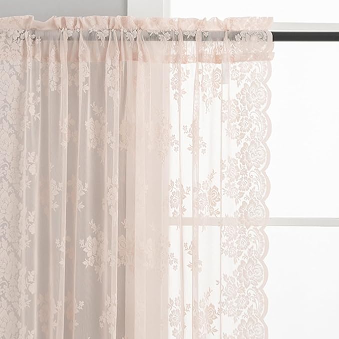 Blush Pink Lace Curtains 45 Inch Length, 2 Panels, W42 x L45 Inch Each, Country Rustic Floral Coquette Sheer Lace Curtains for Kitchen Window Rod Pocket Light Filtering Privacy Short Lacy Tier Curtain