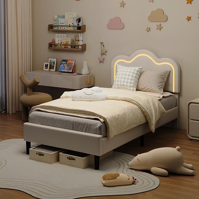 GarveeHome Twin Upholstered LED Bed Frame with Headboard, Faux Leather Princess Platform Bed Frame for Kids, Wooden Slats Support, No Box Spring Needed (Cream, Twin)