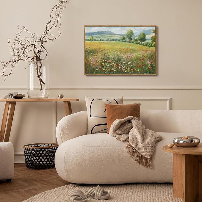 OIQArtOIQ Vintage Landscape Framed Wall Art Spring Countryside Colorful Wildflower Field Canvas Art Prints Farmhouse Cottagecore Pictures Wall Decor Rustic Meadow Paintings Artwork For Kitchen Bedroom