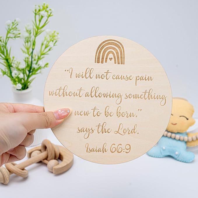 Wooden Rainbow Baby Scripture Sign, 6 Inch Round Nursery Wall Decor with Stand, Isaiah 66:9 Bible Verse Quote, Birth Announcement Plaque