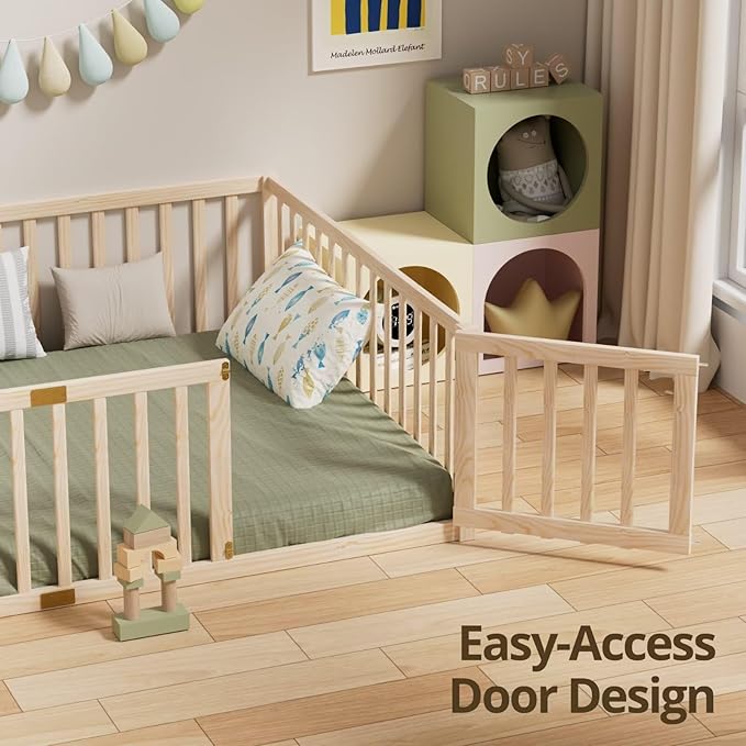 LLS Queen Size Floor Bed with 21.6" High Fence for Kids Boys Girls, Solid Wood Multifunctional Montessori Bed Frame with Door, Without Slats, Natural