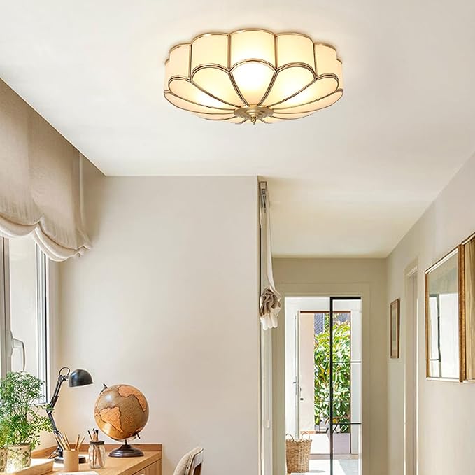 Mid Century Brass Flush Mount 4-Light LED Ceiling Lamp, Frosted Glass Shade Modern Light, Close to Ceiling Decorative for Bedroom Living Room (17.71" W)