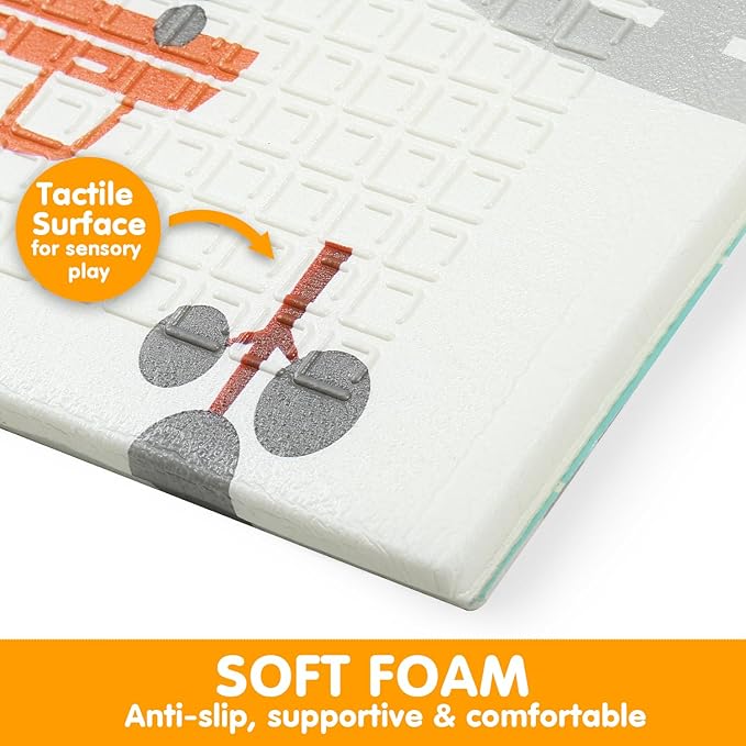 Bammax Extra Large 78" x 70" x 0.4" XPE Foam Baby Play Mat + Travel Bag | Waterproof, Reversible & Foldable Padded Playmat | Baby Crawling Mat & Kids Play Mat – Cars & Fire Engine