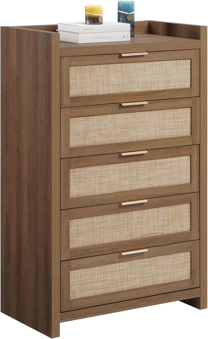 SICOTAS Dresser for Bedroom Chest of Drawers 46" Tall Dresser for Closet with 5 Rattan Drawers Boho Night Stand Large Clothes Storage Cabinet for Living Room Hallway Nursery Entryway
