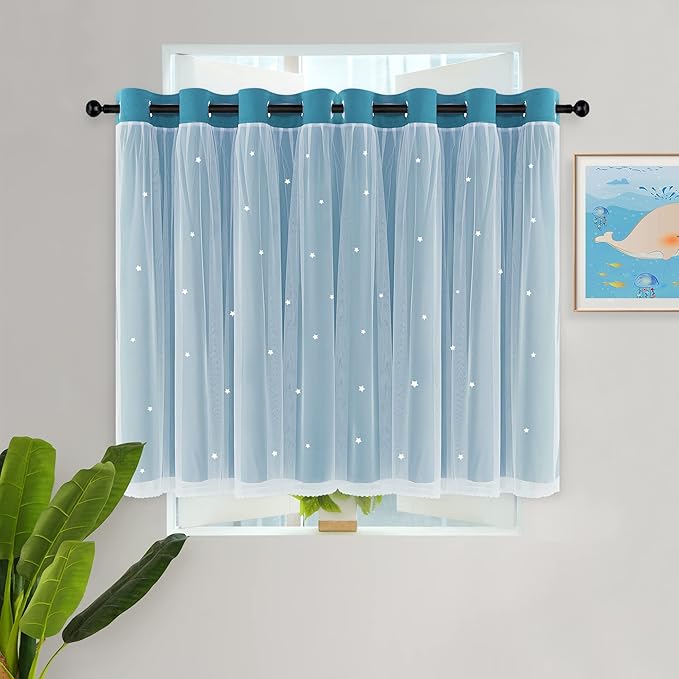 Kinryb Kids Blackout Curtains for Bedroom/Living Room/Classroom, Sheer Overlay Small 2 Panel Set, Double Layer Curtains with Star Cutout for Kids Room(W 52 x L 45 Inches,Sky Blue 2 Pcs)