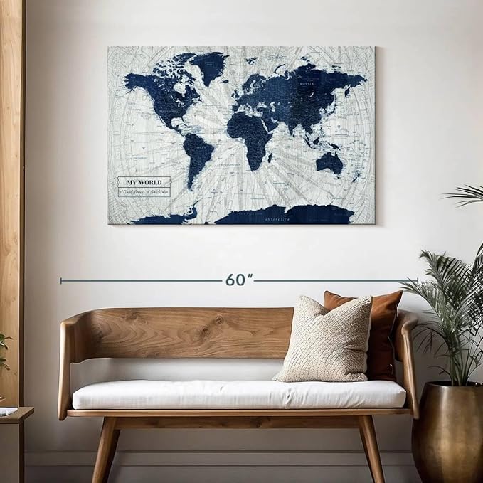 ElephantStock - My World Push Pin Map V Wall Art - Horizontal Canvas Wall Art - Living Room Wall Decor - Unique Map Canvas Art - Gray And Blue Decor - 45" x 30"