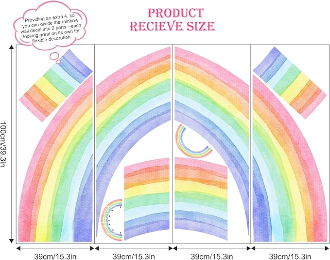 83"x43" Large Rainbow Wall Stickers, Mural Watercolor Half Rainbow Wall Decals Peel and Stick Vinyl Wall Art Decor for Girls Bedroom Kids Nursery Living Room Playroom Toddler