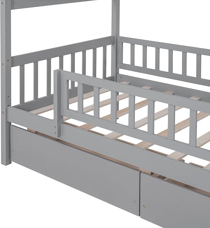 Aoowow Twin Size House Bed with Storage Drawers,Kids Wooden Bed Frame Twin House Bed with Slats and Fence for Boys Girls Teens for Bedroom(Grey)