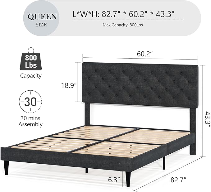 BarnFurin Queen Bed Frame, Upholstered Platform Bed with Button Tufted Headboard, Fabric Queen Beds with Wooden Slats Support, No Box Spring Required, Easy Assembly, Dark Grey
