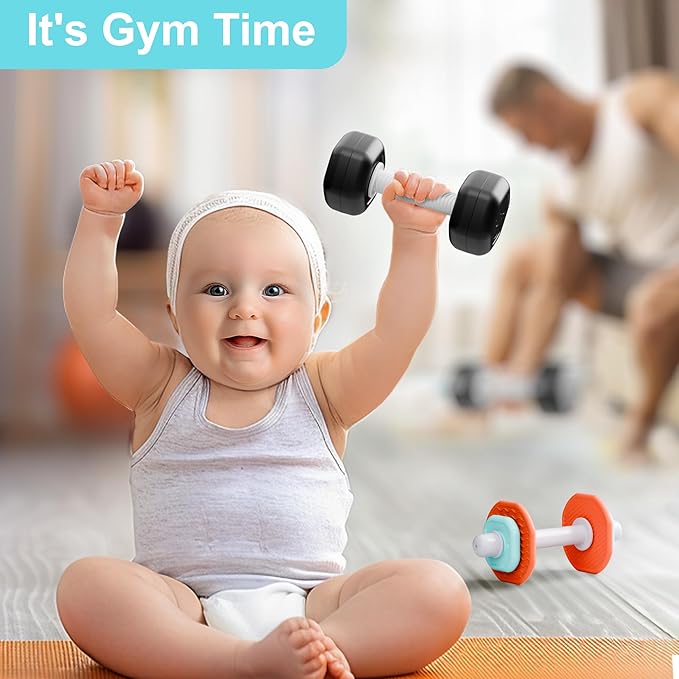 iPlay, iLearn Baby First Gym Rattle Set, Infant Dumbbell Weights Teething Rattles 3-6-12 Month, Newborn Workout Sensory Stroller Toy, Babies Birthday Shower Gift 5 7 8 9 10 Month Toddler Boy Girl-7PCS
