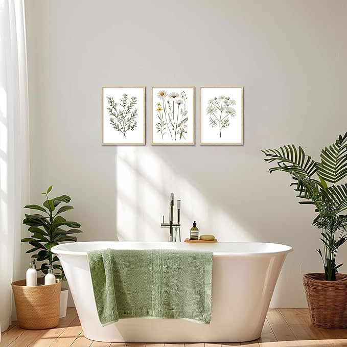 CHMMART 3 Piece Botanical Wildflower Framed Wall Art Floral Canvas Art Prints Green Plant Paintings Wall Decor Flower Pictures Artwork for Living Room Bedroom Bathroom 12x16in