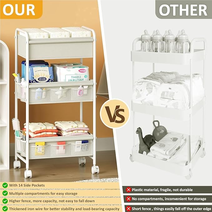 3-Tier Baby Diaper Caddy Cart Organizer,Mobile Nursery Storage Cart with Wheels,With 2 Dividers&14 Mesh Pockets Durable Metal Utility Cart for Nursery, Bedroom, Bathroom, Baby Essentials Organization