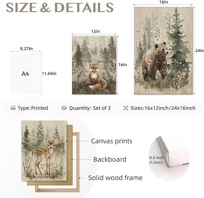 kilamino Framed Woodland Animal Nursery Wall Art, Cute Fox Bear Deer Wall Decor, Neutral Wildlife Animal Art Prints, Funny Nature Forest Animal Canvas Paintings for Baby Room Playroom 16"x24"x3
