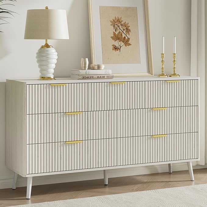 LYNSOM 55" Wide Fluted Dresser for Bedroom with 6 Drawer, Modern Chest of Drawers with Curved Profile Design and Metal Handles, Wood Dresser TV Stand & Storage Organizer for Living Room, White