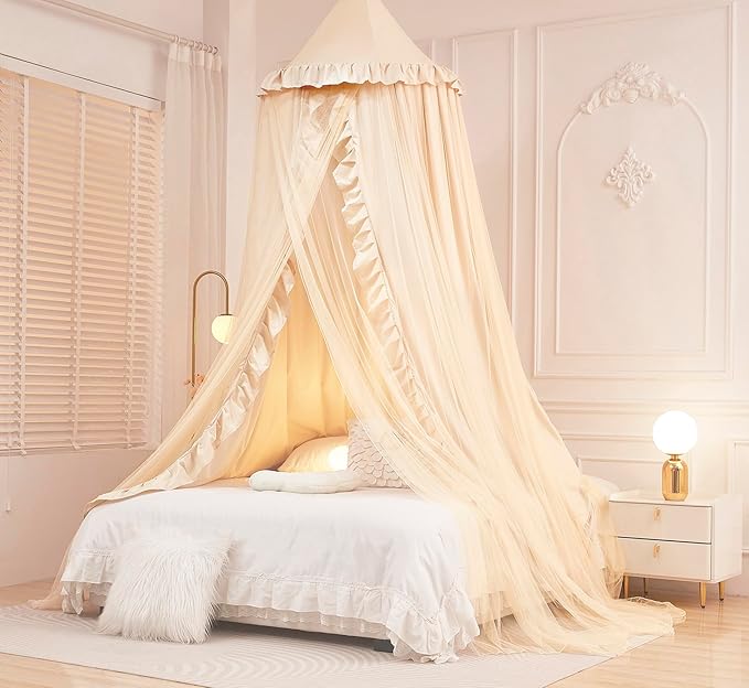 Mengersi Bed Canopy for Girls Kids,Double Canopy Bed Curtains Round Dome Mosquito Net Castle Play Tent Castle for Girls Room Decor (Ivory/Double)