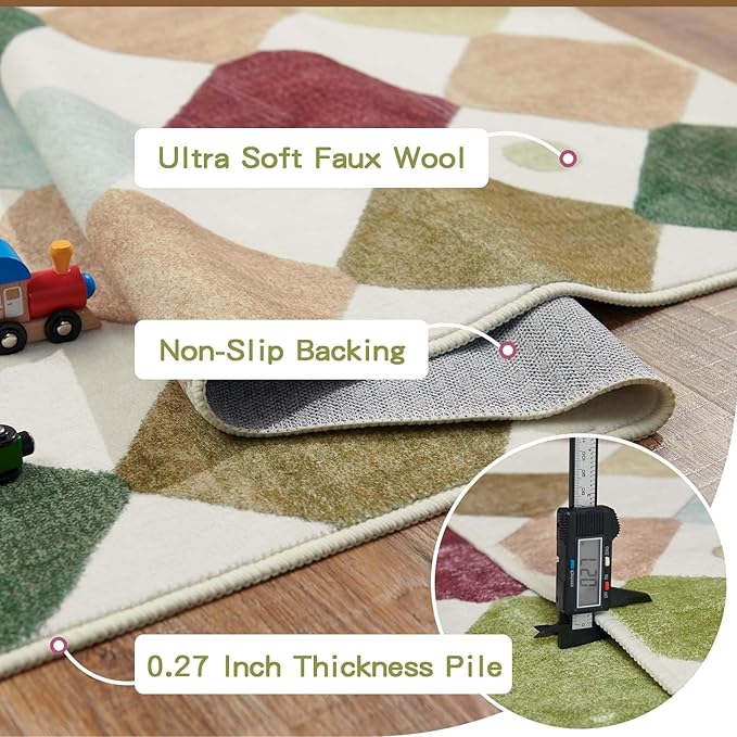 jinchan Macy Area Rug 2x3 Kids Entryway Washable Indoor Doormat Small Soft Non Slip Modern Rug Diamond Carpet for Nursery Room Bedroom Bathroom Moss on Cream