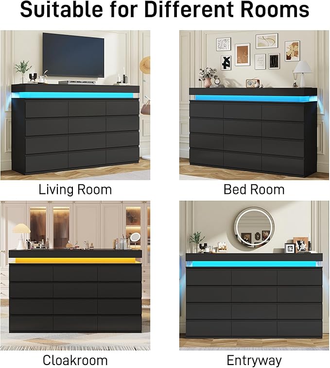12 Drawer Dresser for Bedroom, 70" Wide 44" Tall Dresser with LED Light & Charging Station, Modern Chest of Drawers for Closet, Living Room, Entryway, Hallway (Black, 12 Drawers)