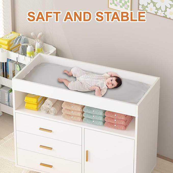 Nursery Dresser with Baby Changing Table,Diaper Changer Tables with 3-Drawer & Shelves, Wooden Baby Dresser with Top, Wood Diaper Changing Station