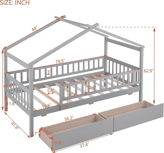 Merax Twin Size Wooden House Bed with Two Drawers, Wood Bed Frame with Roof and Safety Guardrail for Kids, Teens, Boys or Girls, Gray