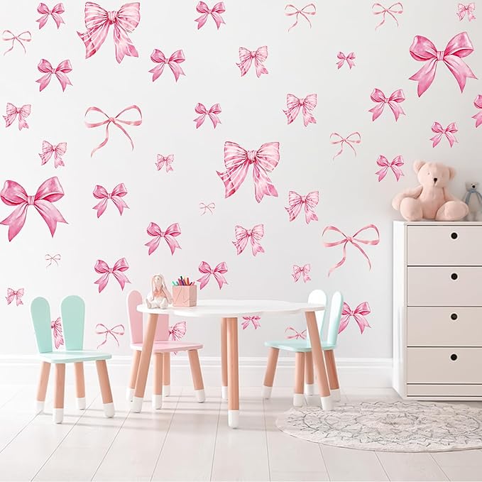 Pink Bow Wall Stickers, 8Sheets 46Pcs Bow Knot Wall Decals Watercolor Bow Wallpaper Peel and Stick for Nursery Kindergarten Girls Bedroom Coquette Room Décor