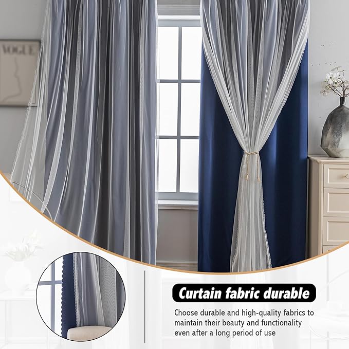 Anytime Home Curtains Blackout and Sheer Layered Solid Window Curtain Panel Pair with Grommet Top, 52Wx84L,Navy Blue