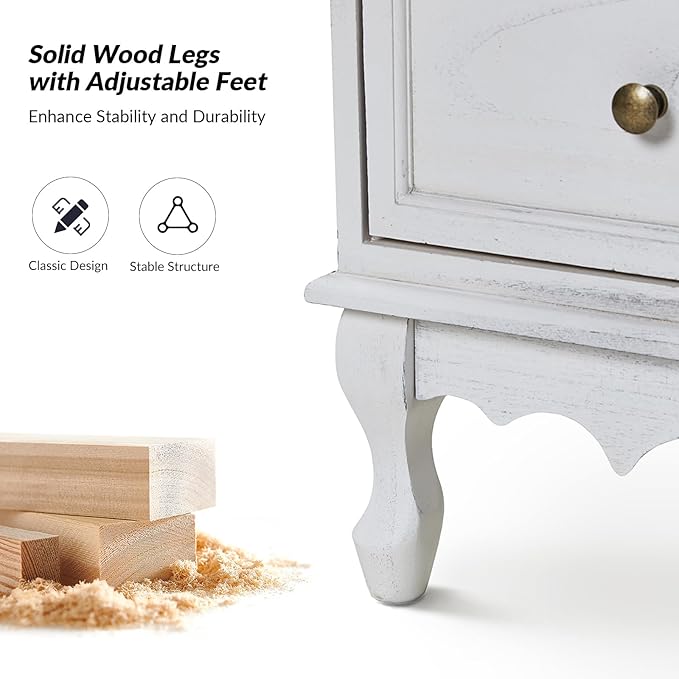 HULALA HOME 3-Drawer Nightstand with Charging Station, Drawer Organizer with Wood Legs, Farmhouse Solid Wood Nightstand(White)