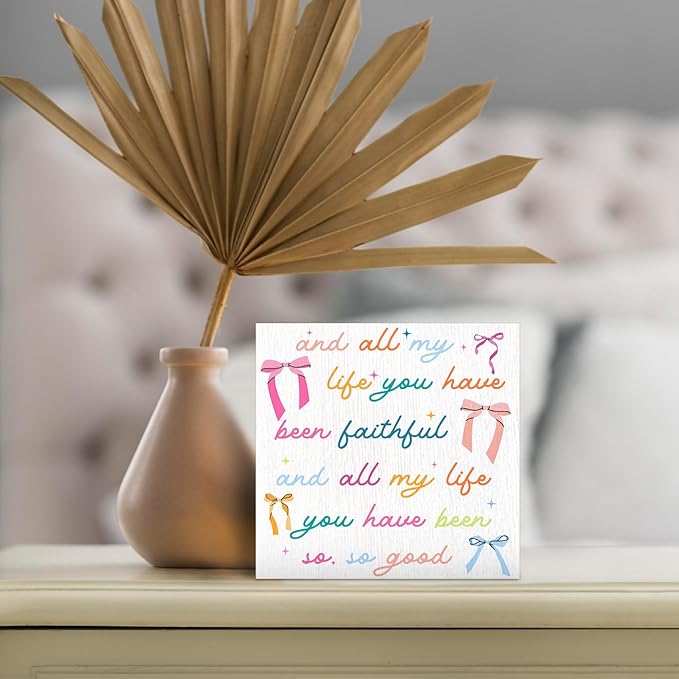 Christian Coquette Bow Wood Box Sign - Inspirational Desk Shelf Decor, Bible Verse Decor, All My Life You Have Been Faithful Christian Wooden Block Plaque Box Sign for room Table Decorations