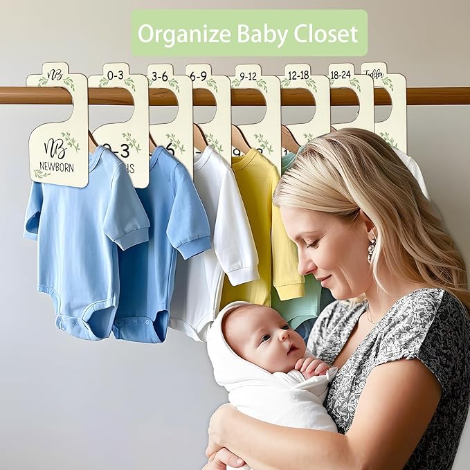 Baby Closet Dividers for Clothes Organizer, Set of 8 Wooden Baby Clothes Size Hanger Organizer, Nursery Closet Organizer from Newborn to 24 Months for Nursery Decor