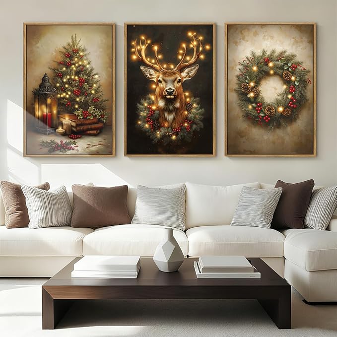 Anyzal Christmas Wall Art Winter Christmas Tree Prints Santa Elk Wall Decor for Living Room Bedroom Dining Room 12x16 Inch