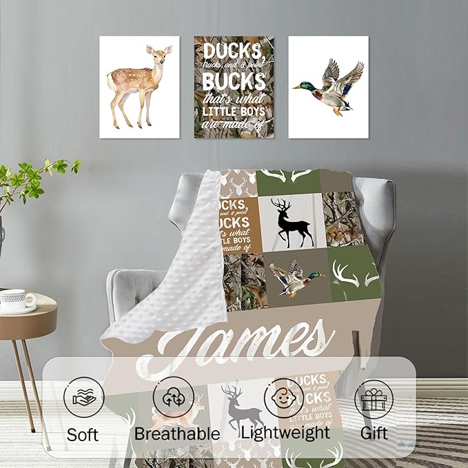 Custom Baby Crib Bedding Set,Personalized Name Army Green Deer Theme Nursery Bed Set 4 Piece,Baby Blanket Fitted Sheet Nursery Rug Wall Art Set,Custom Room Decor Idea Gift for Newborns Boys Girls