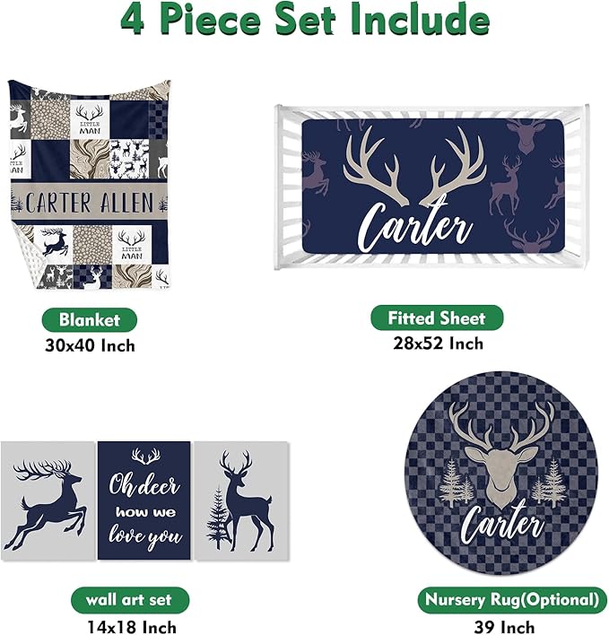 Custom Baby Crib Bedding Set,Personalized Name Navy Deer Theme Nursery Bed Set 4 Piece,Baby Blanket Fitted Sheet Nursery Rug Wall Art Set,Custom Room Decor Idea Gift for Newborns Boys Girls