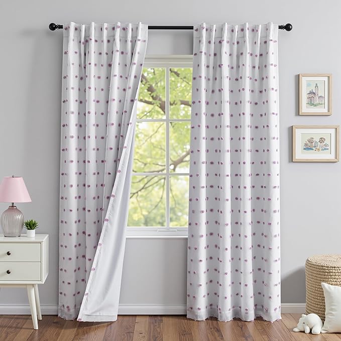 MYSKY HOME Total Blackout Curtains for Girls Bedroom with Purple Pom Pom Sheer 90 Inch Long 100% Light Blocking Curtains for Living Room 2 Panels Room Darkening Back Tab Double Layer Drapes 52" x 90"