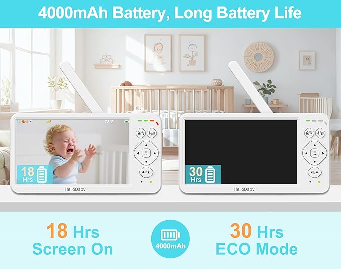 HelloBaby Baby Monitor with Camera & Audio,6" Global First IPS Display 30H Battery, Video Baby Monitor No WiFi,2-Way Talk,ECO,Pan Tilt & Night Vision,1000ft, for Parents, Elderly & Pets This Christmas