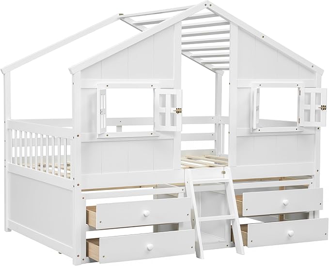 Harper & Bright Designs Full Size House Loft Bed with 4 Storage Drawers, Low House Montessori Bed with Roof and Windows, Safety Guardrails for Kids, Girls, Boys, White