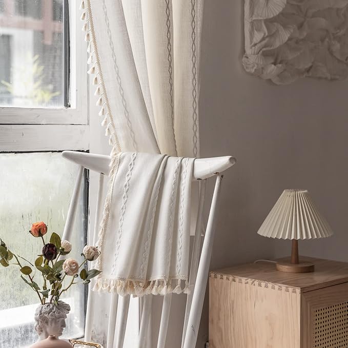 Deeprove White Boho Curtains 96 Inches Long for Nursery Bedroom Christmas Decor, Bohemian Embroidery Cream Weighted Cotton Linen French Country Window Treatments with Tassel, W52 x L96, 1 Panel