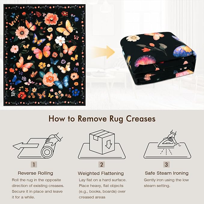 8x10 Machine Washable Area Rug, Non-Slip Large Vintage Floral Floor Rugs for Kids, Low Pile Room Carpet for Living Room, Bedroom, Dining Room & Nursery(8x10 Black Floral)