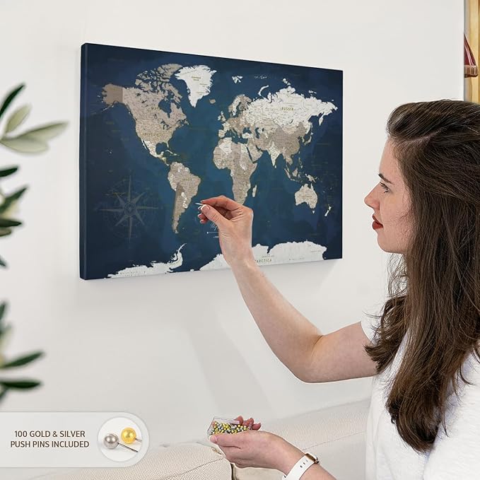 ElephantStock - My World Adventures Push Pin Travel Map I Wall Art - Horizontal Canvas Wall Art - Living Room Wall Decor - Printmaking Map Canvas Art - Blue And Beige Decor - 24" x 16"