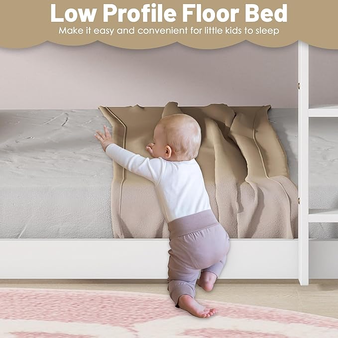 Bunk Bed Twin Over Twin, Wood Low Profile Floor Twin Bunk Beds with Ladder Guardrails for Kids Boys and Girls, No Box Spring Needed