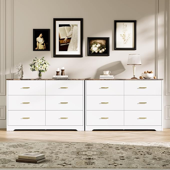 LIDYUK White Dresser for Bedroom, 6 Drawer Dressers & Chests of Drawers, Modern Wood Dresser, 48 Inches Wide Chest of Drawers for Bedroom, Hallway, Living Room
