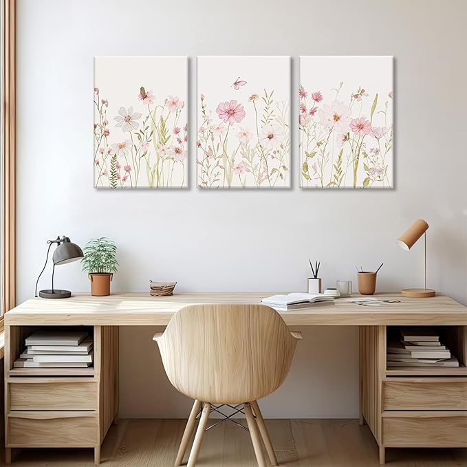 MTFBWY Floral Canvas Wall Art Flower Framed Art Prints Set of 3 Pink Wildflower Printing Botanical Nursery Pictures Wall Decor Artwork for Living Room Bedroom Bathroom 12x16in