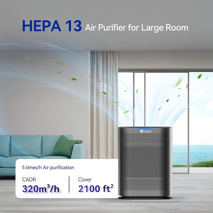 Air Purifiers for Home Large Room Cover 2,100 Ft²,with Air Quality Monitor & Aromatherapy,Auto H13 Air Purifier Removes Pets Hair Dust Smoke Odor,with 7 Colors Light(high gray)