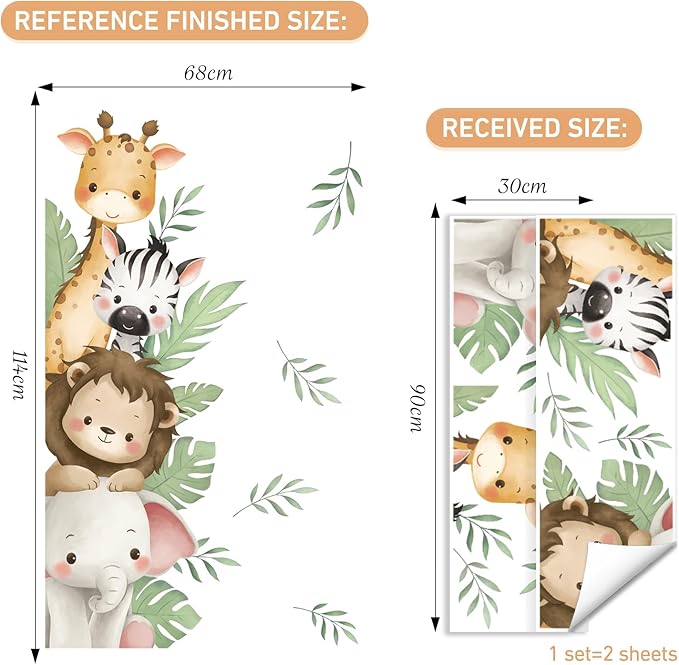 SHUCHING Watercolor Jungle Animal Wall Decals Peel and Stick, Vinyl Safari Elephant Lion Giraffe Zebra Wall Sticker, Wall Decor Art for Nursery Baby Playroom Kids Bedroom