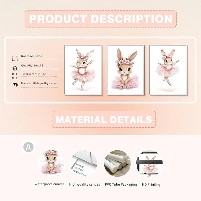Kusag Baby Girl Nursery Posters Wall Decor, Easter Nursery Canvas Wall Art Paintings Set of 3, Cute Animal Pink Bunny Prints Pictures for Boys and Girls Room, Bedroom, Home Decor 16x24 In Unframed