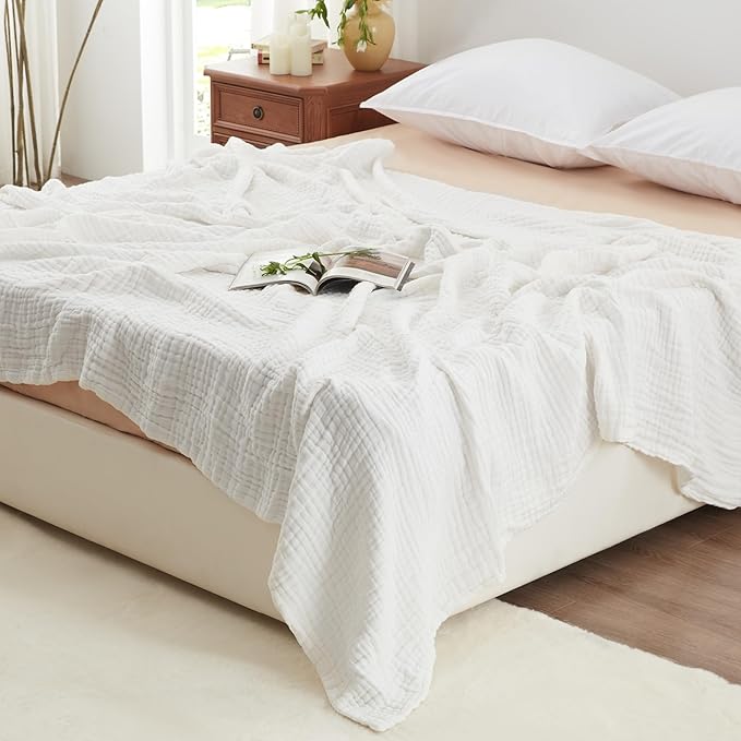 Love's cabin 6 Layer 100% Cotton Muslin Blanket, 90"x90" Muslin Blanket Queen for Couch Bed, Lightweight and Breathable Cotton Gauze for Adult, White
