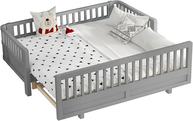 KEIKI Solid Wood Expandable Twin Size Floor Bed for Kids with Guardrails, Can Be Converted into a Double Twin Bed Platform, Montessori Low Profile Bedframe Daybed for Girls Boys, No Box Spring Needed
